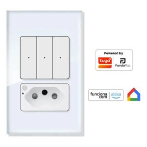 Interruptor Inteligente Wifi 3 Botões Teclas Física Clique 4x2 Com Tomada 20a App Pandaplus Alexa Google Branco 20 A Branco 3 Botões Com Tomada