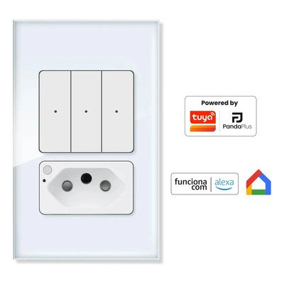 Interruptor Inteligente Wifi 3 Botões Teclas Física Clique 4x2 Com Tomada 20a App Pandaplus Alexa Google Branco 20 A Branco 3 Botões Com Tomada